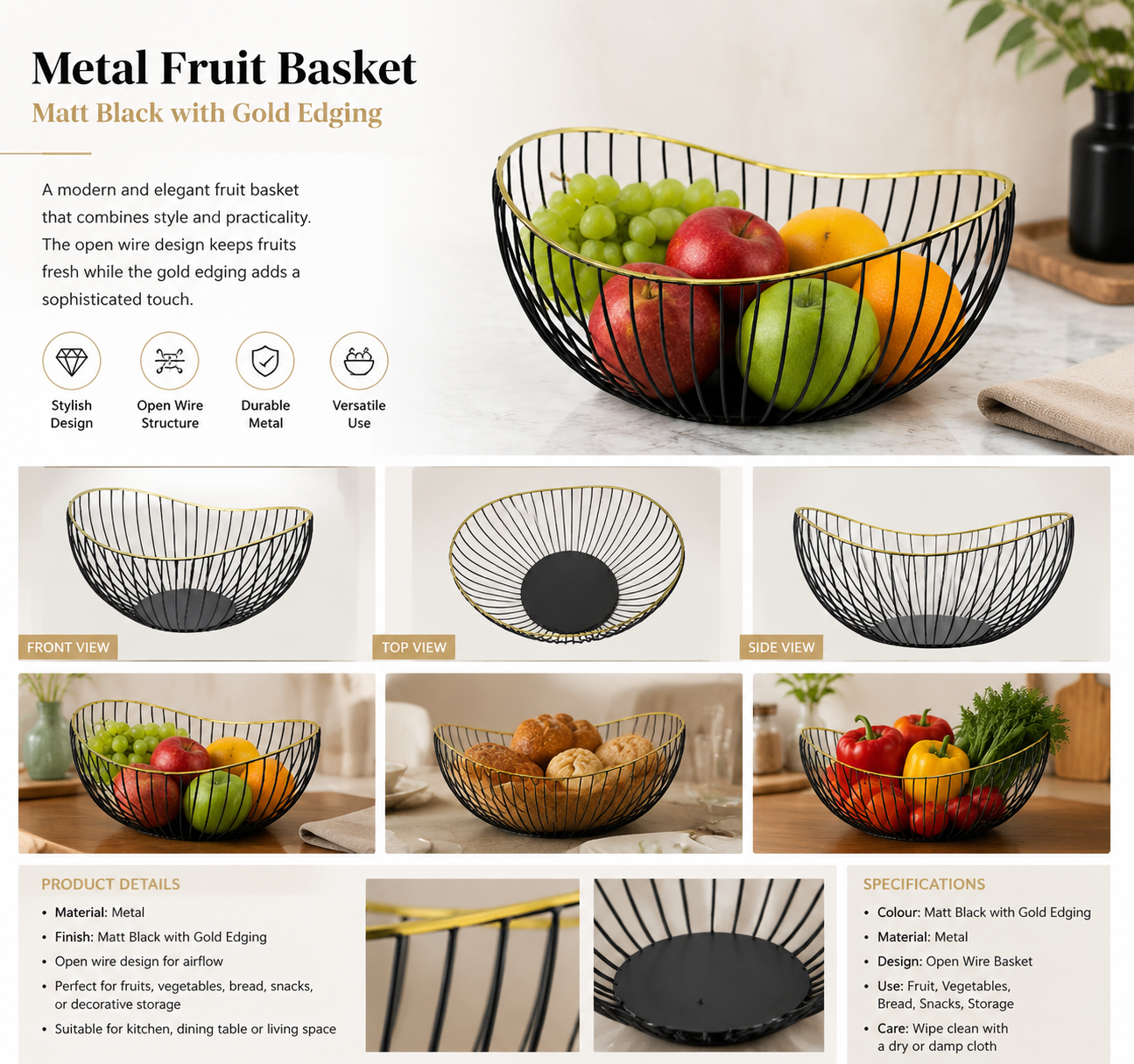 Fruit Baskets - Metal Black with Gold Trim
